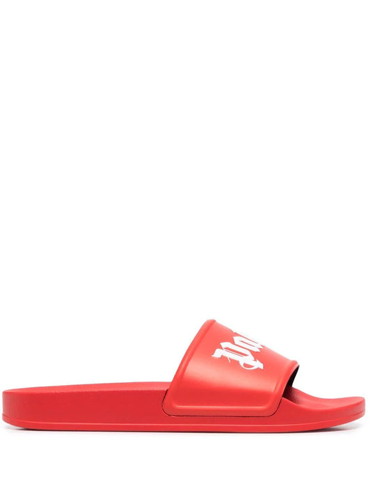 Palm Angels Logo Print Pool Sliders in Red