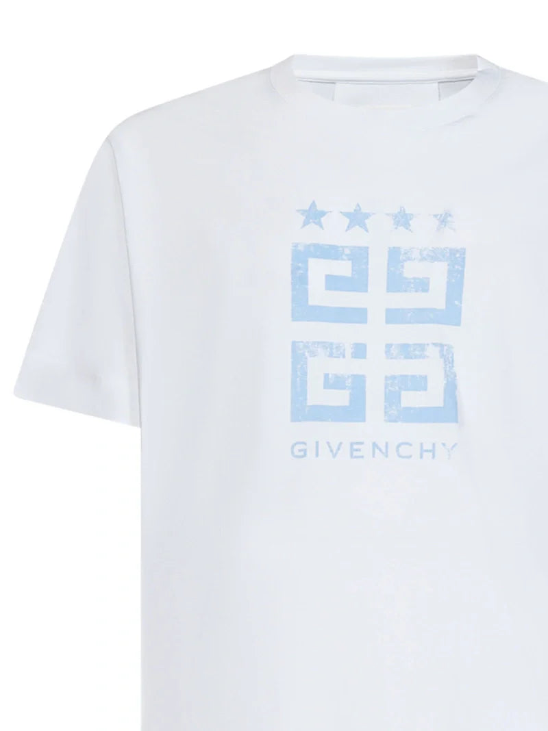 Givenchy 4G Stars Blue logo printed Slim Fit T-Shirt in White