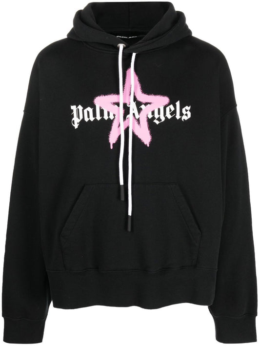 Palm Angels Pink Star Sprayed Print Hoodie in Black