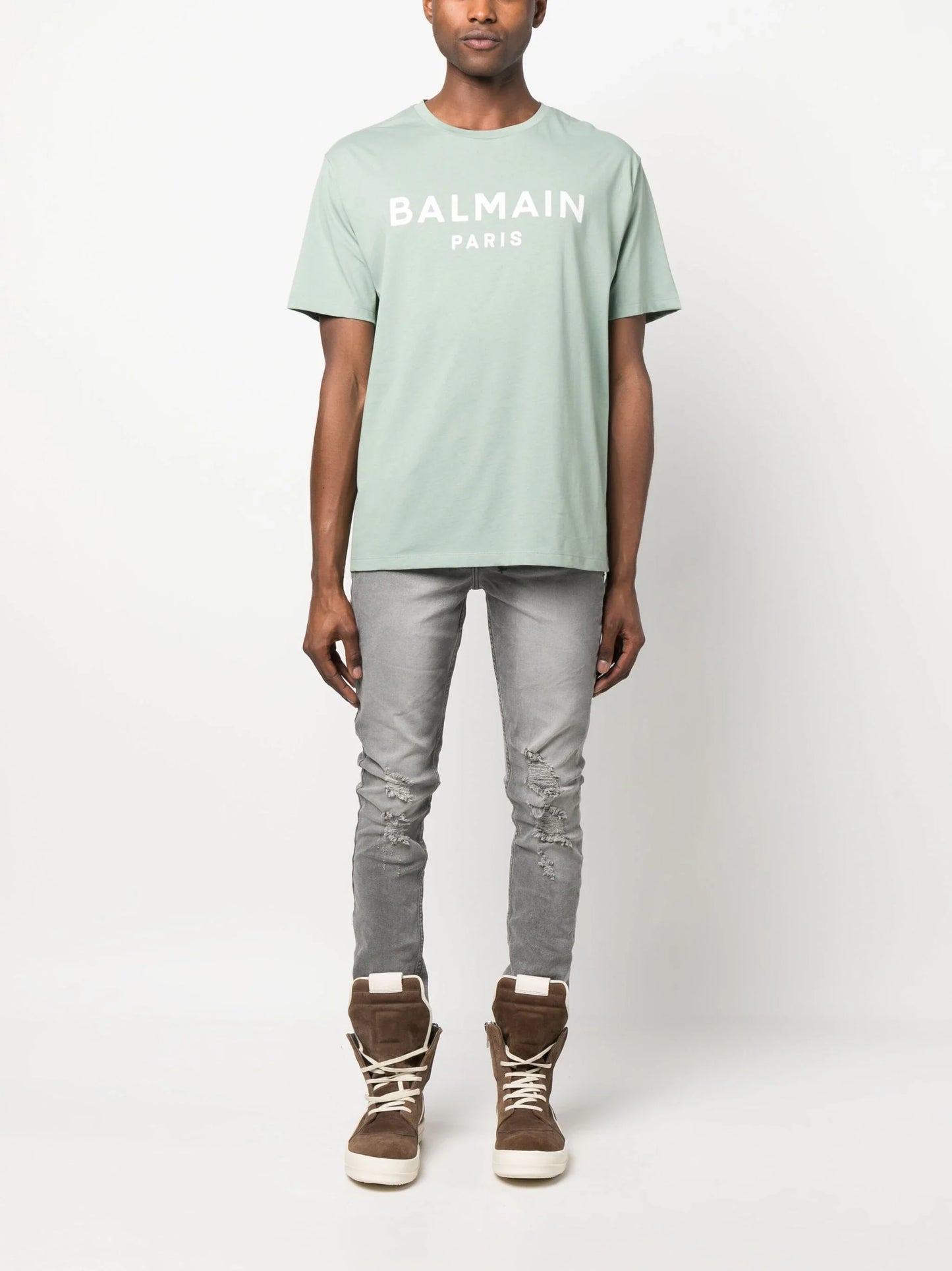 Balmain Paris Print Logo T-Shirt in Aqua Green