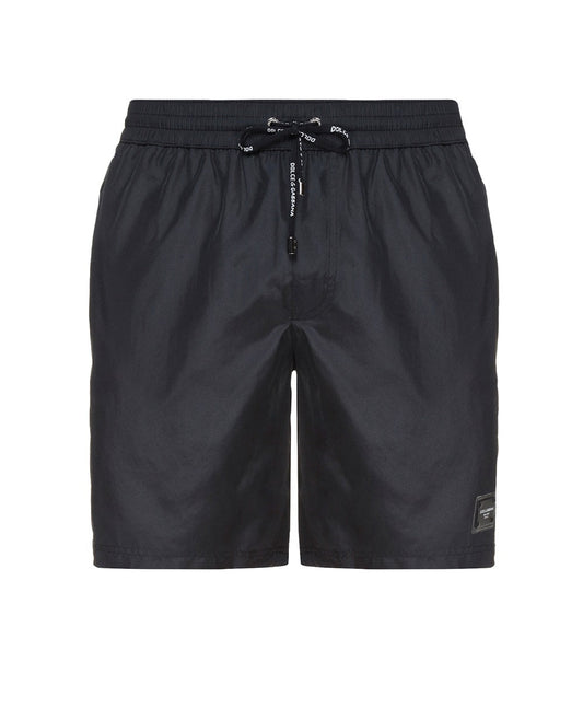 Dolce & Gabbana Black Plaque Plate Drawstring Swimshorts in Black