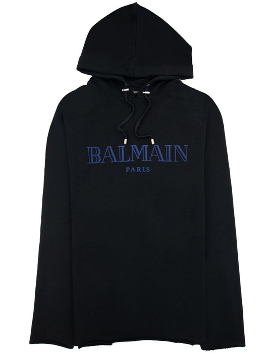 Balmain Paris Flocked Blue Printed Hoodie in Black